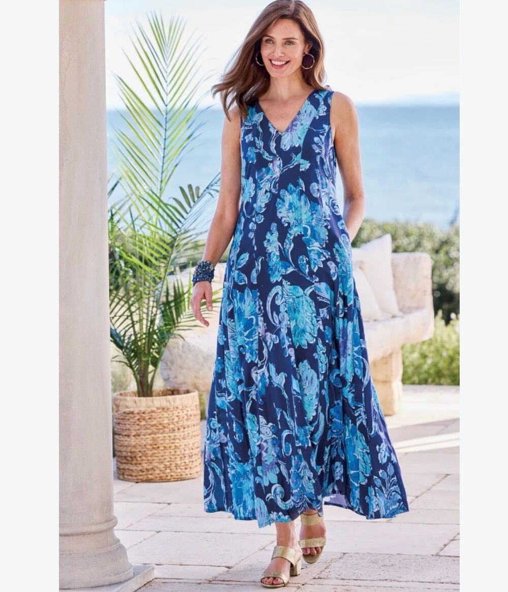Soft Surroundings Sleeveless Blue Floral Flowy Maxi Dress Boho Cottage Prairie